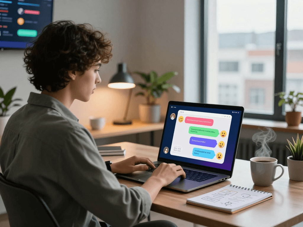 Engaging spicy AI chat interaction on a vibrant laptop with analytics background.