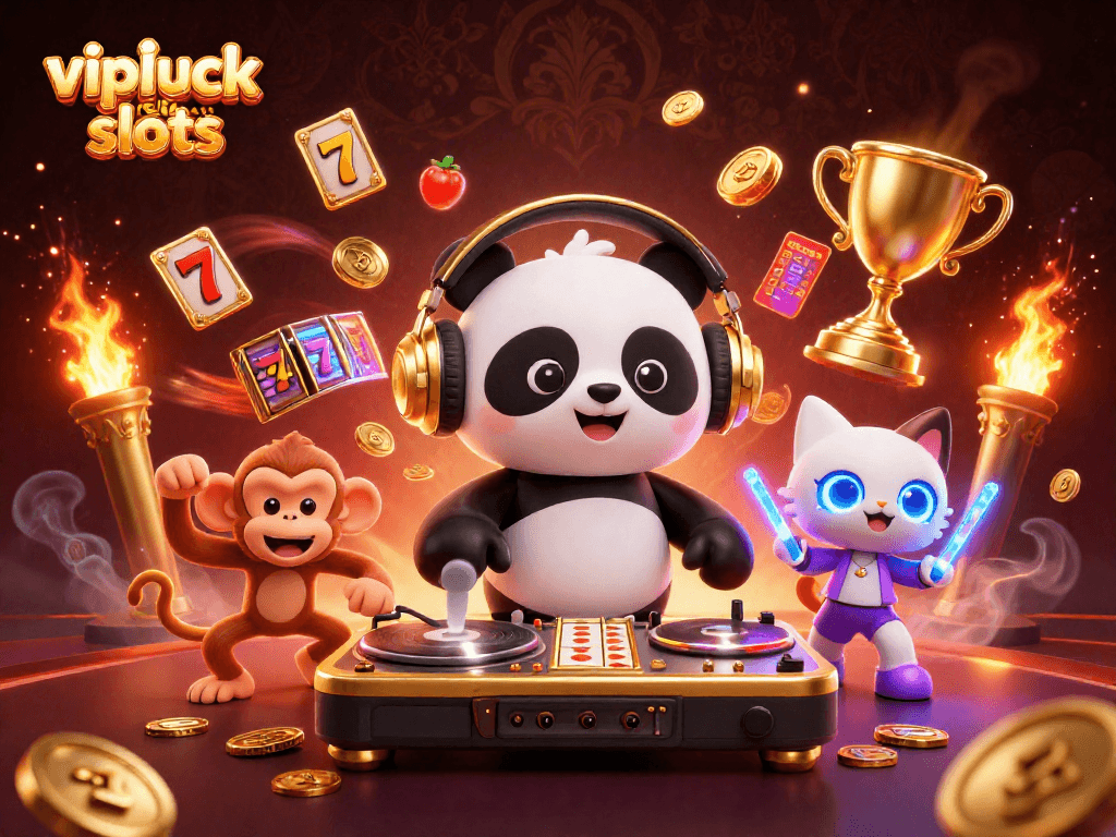 Gioca alle slot VIPLuck: vivace scena 3D con panda DJ, scimmia e gattino in festa.