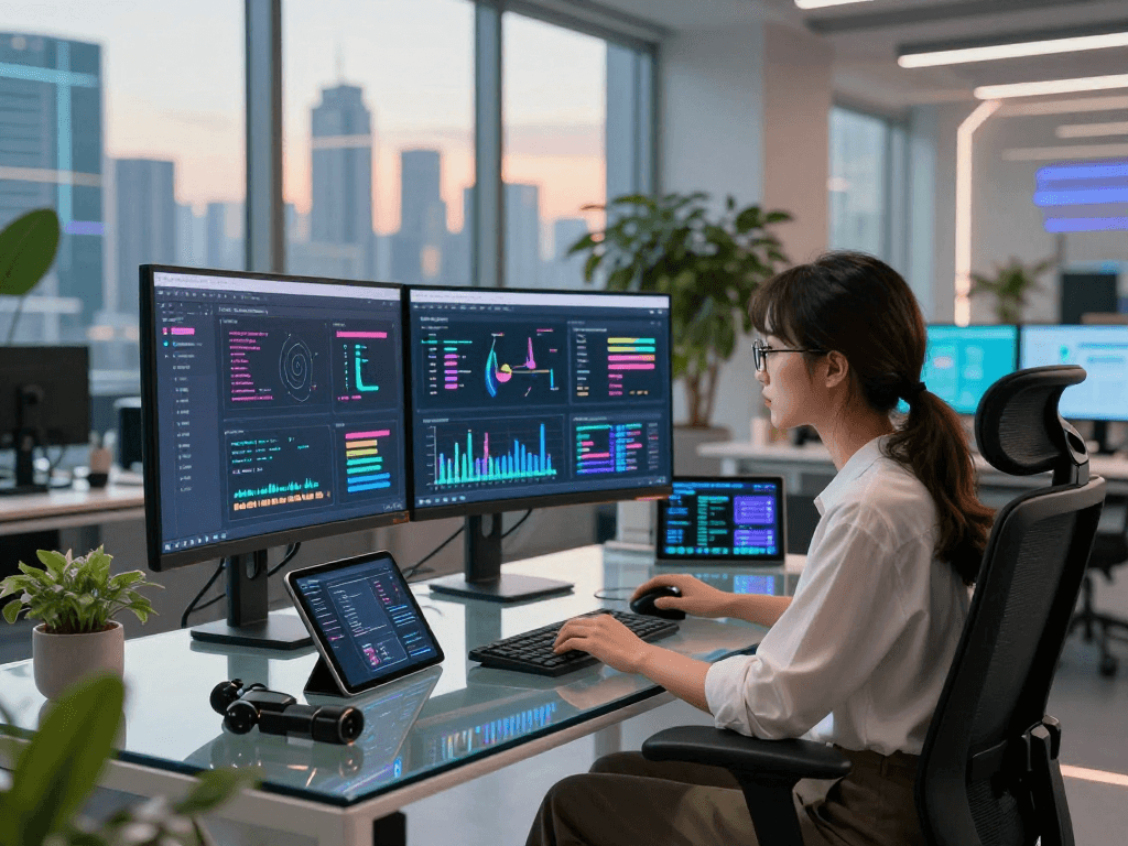 Young woman using slut ai technology in a vibrant office setting with screens and digital devices.