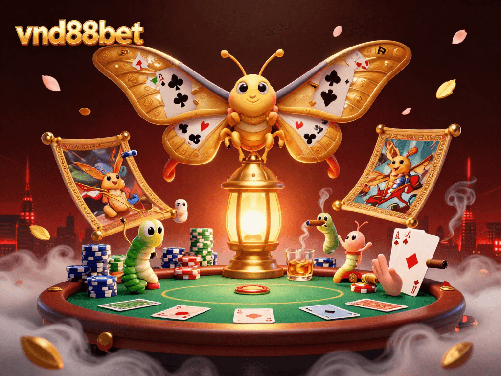vnd88bet showcases a vibrant 3D casino scene with a moth, poker elements, and bright animations