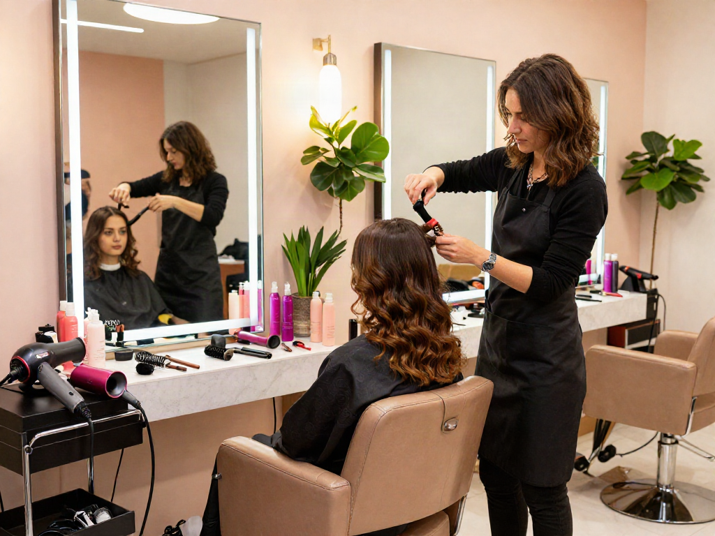 Engaging salon scene at https://carbonegroupparrucchieri.it/ showing a stylist curling hair in a modern, vibrant environment.