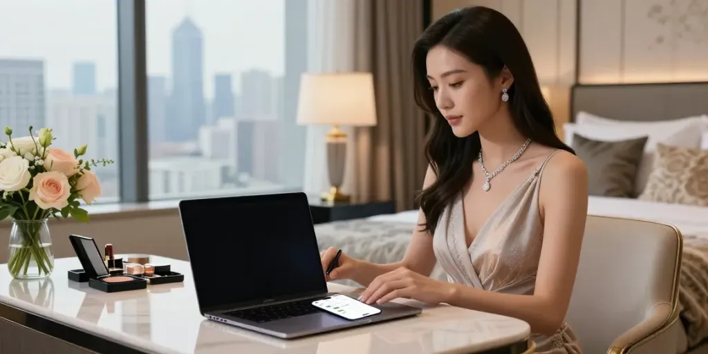 High-class escort preparing in luxurious hotel room for meeting, showcasing נערות ליווי במרכז elegance.