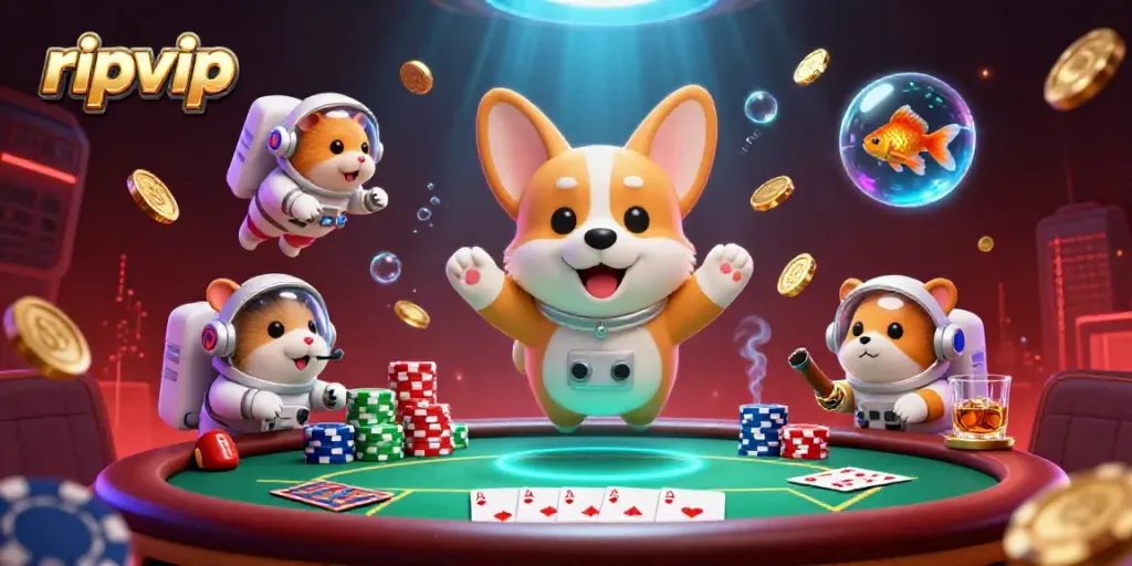 Experience ripvip with an astronaut corgi in a casino space station surrounded by floating poker elements.