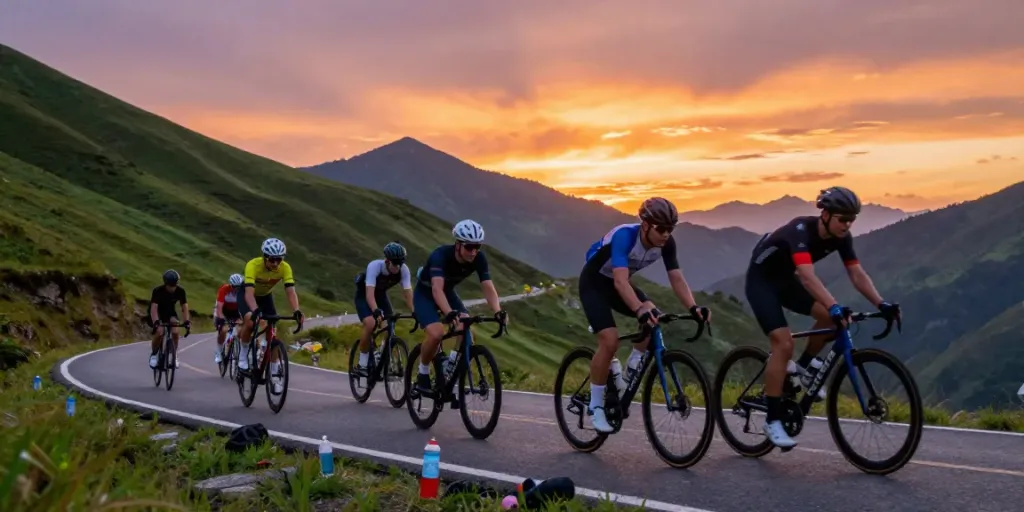 Corridori in gara su una montagna al tramonto, evidenziando l'atletismo e la competizione.