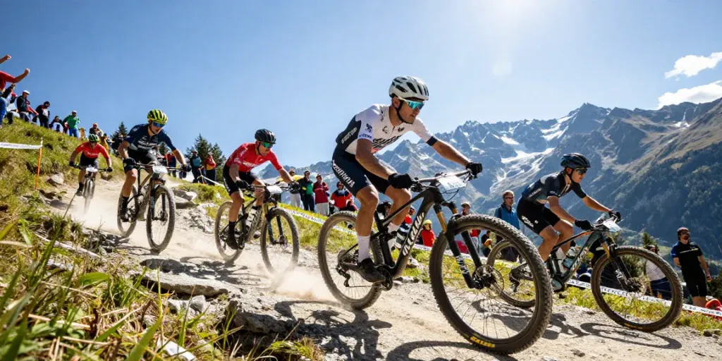 Action-packed racing scene of corridori at Mondiali MTB 2026 with stunning mountain backdrop.