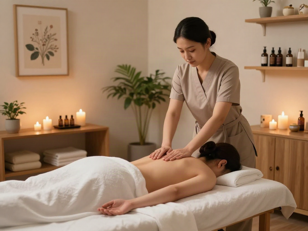 수원출장마사지 therapy session in a soothing spa environment with candles and essential oils.