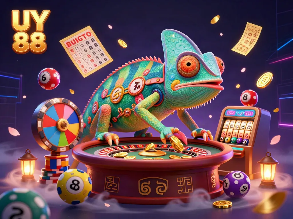 Experience thrilling gaming with UY 88 as colorful lottery balls and golden coins animate a vibrant casino.
