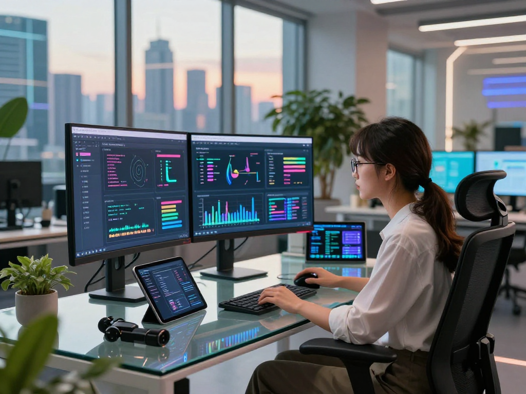 Young woman using slut ai technology in a vibrant office setting with screens and digital devices.
