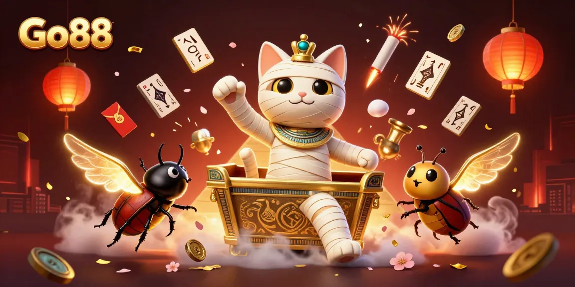 Engage in thrilling gameplay at Go88 with a vibrant 3D illustration of an Egyptian mummy cat in a lively casino.