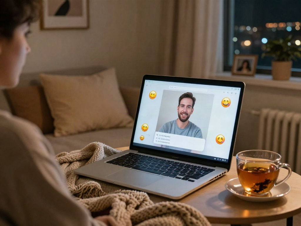 Engaging in free AI sex chat with a virtual companion in a cozy home setting.