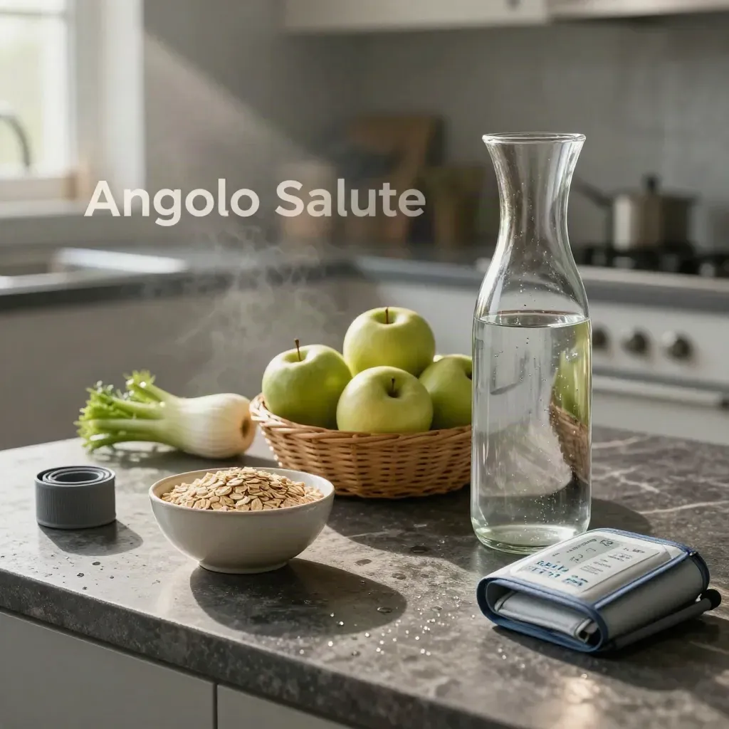 Caraffa d’acqua, mele verdi, finocchi, avena e fascia fitness su isola di pietra scura