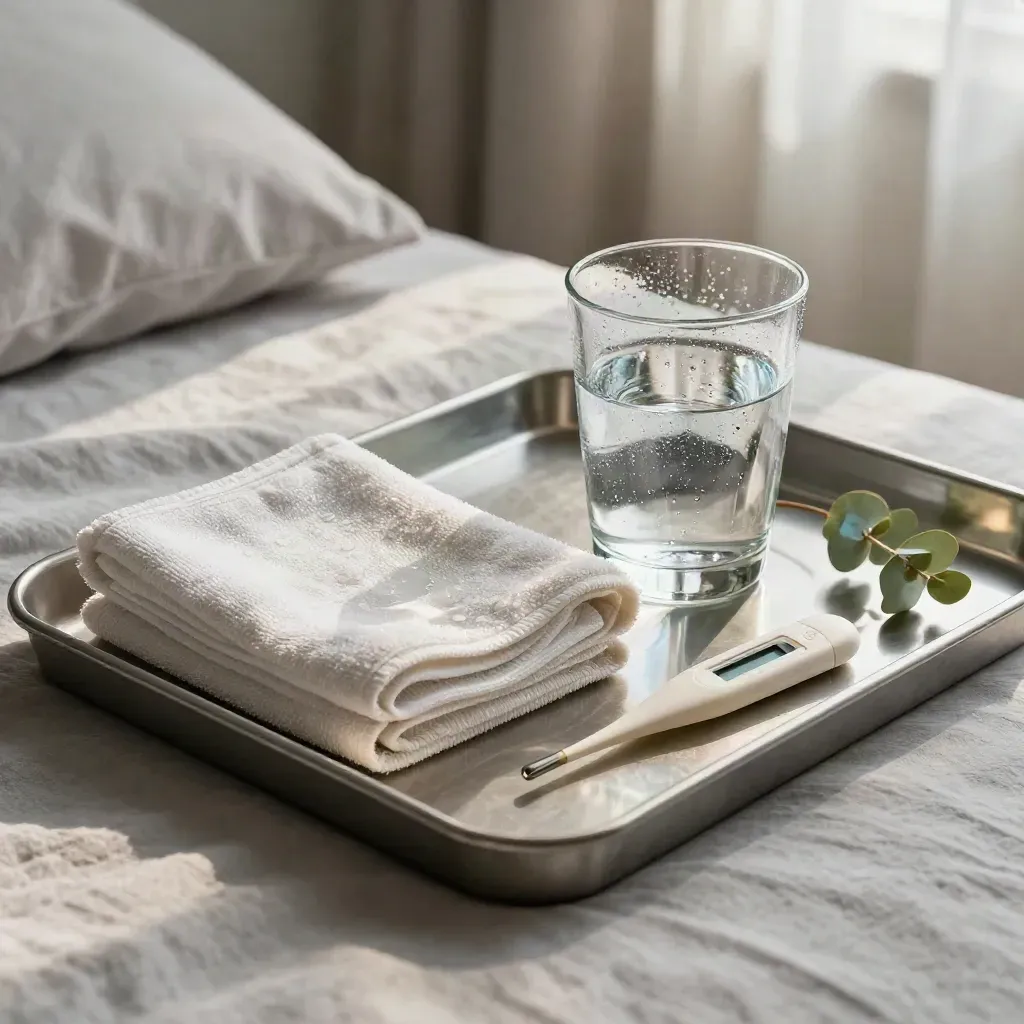 Vassoio da comodino con panno freddo, bicchiere d’acqua, termometro e rametto di eucalipto.