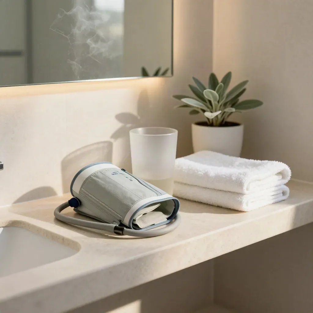 Mensola da bagno con manicotto per pressione, bicchiere opaco, asciugamano e piantina.