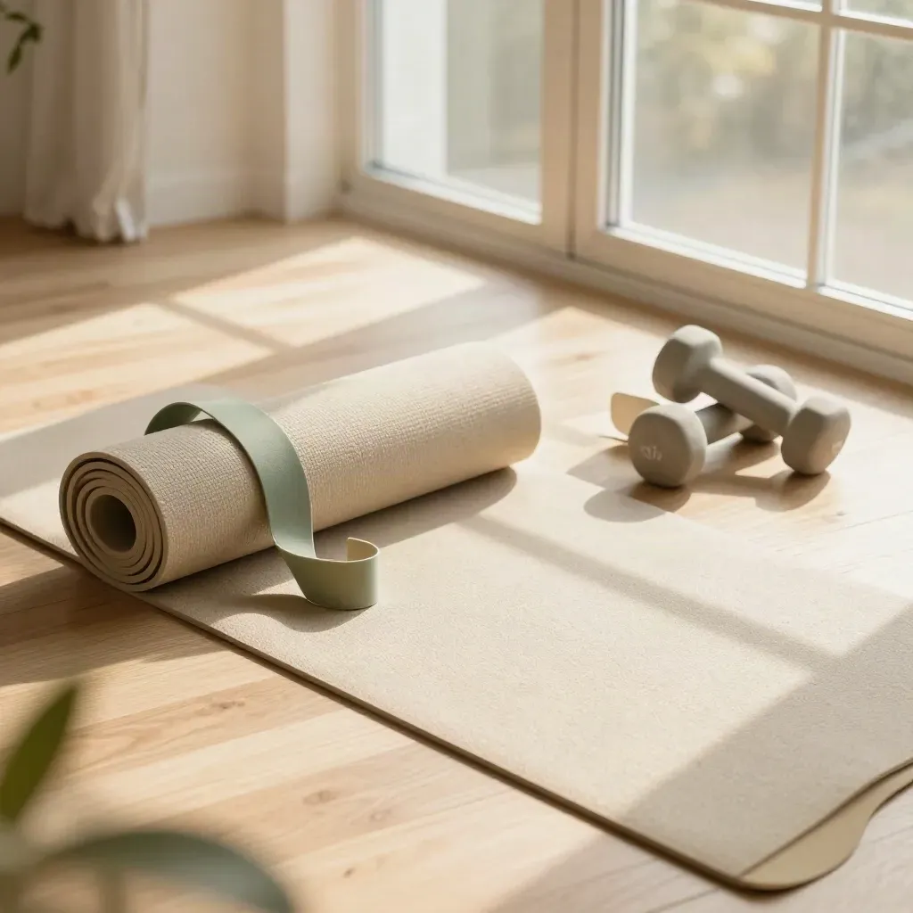 Tappetino yoga, fascia elastica e due manubri vicino a una finestra luminosa.