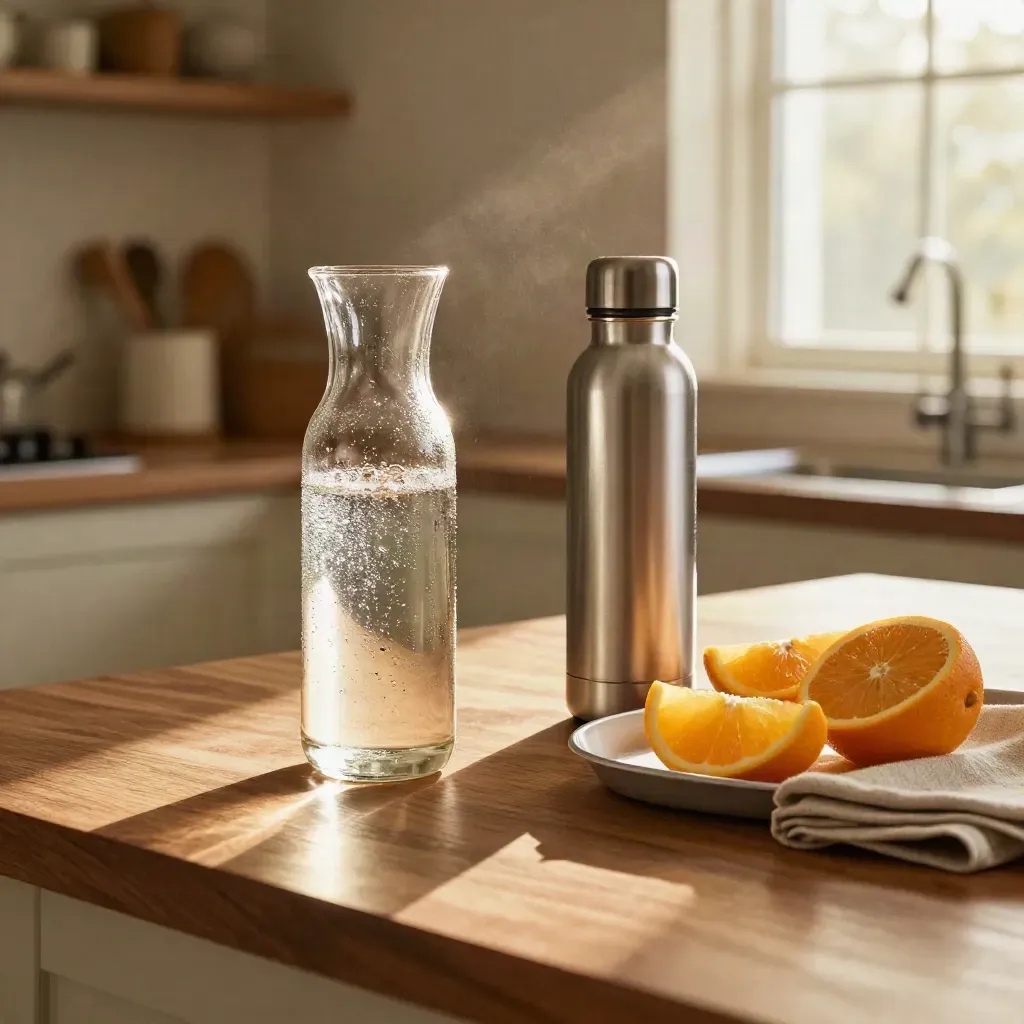 Caraffa d’acqua con condensa, borraccia e agrumi su vassoio in cucina luminosa.