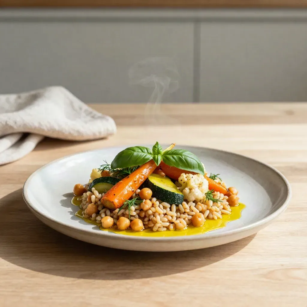 Piatto di farro e verdure arrostite con erbe e olio, luce calda su tavola in legno chiaro.