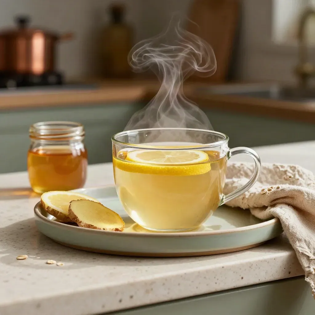 Vassoio con tisana di camomilla fumante, limone, zenzero, miele e lino su una mensola in travertino.