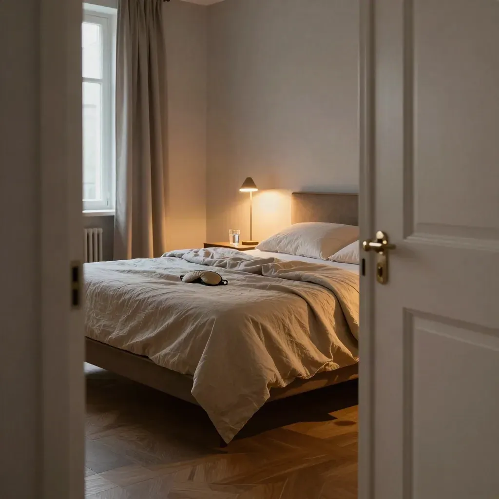 Stanza da letto serena con letto disfatto, lampada bassa, bicchiere d’acqua e mascherina per dormire.