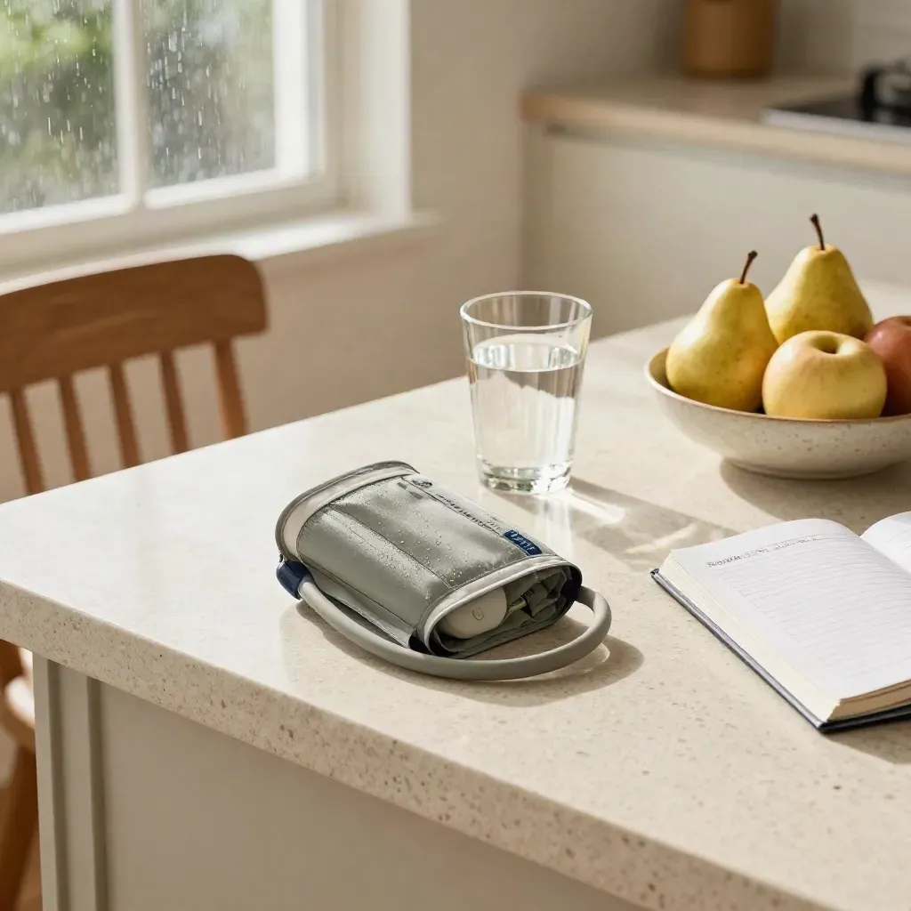 Angolo salute in cucina con manicotto pressione, bicchiere d’acqua e frutta su piano in pietra.