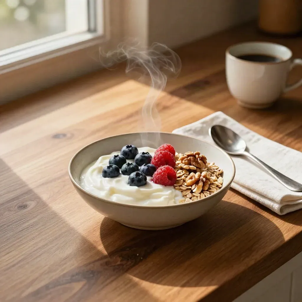 Ciotola di yogurt, frutti di bosco, avena e noci accanto a tovagliolo di lino e caffè fumante