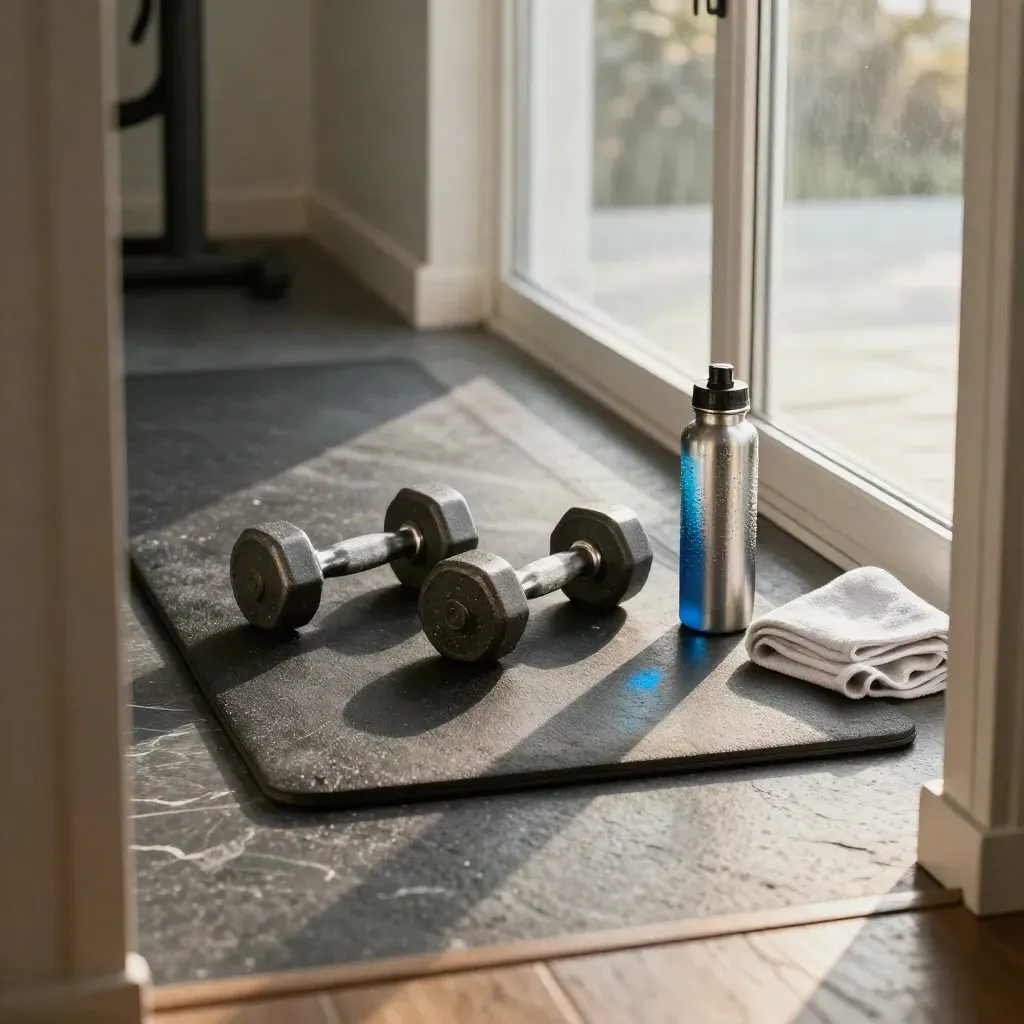 Tappetino, manubri, borraccia e asciugamano in una home gym dopo l’allenamento.