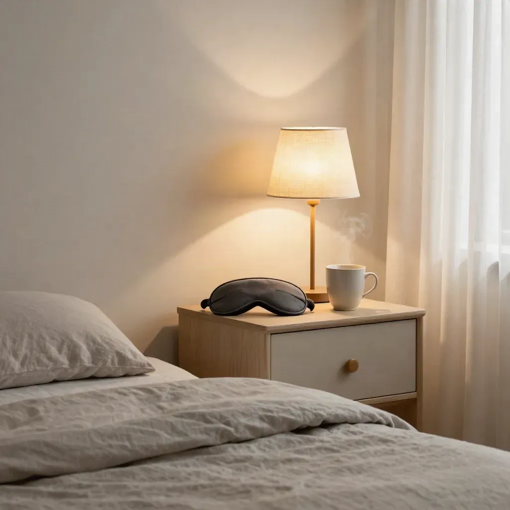 Comodino con mascherina da notte, tazza in ceramica, lampada bassa e lenzuola stropicciate.