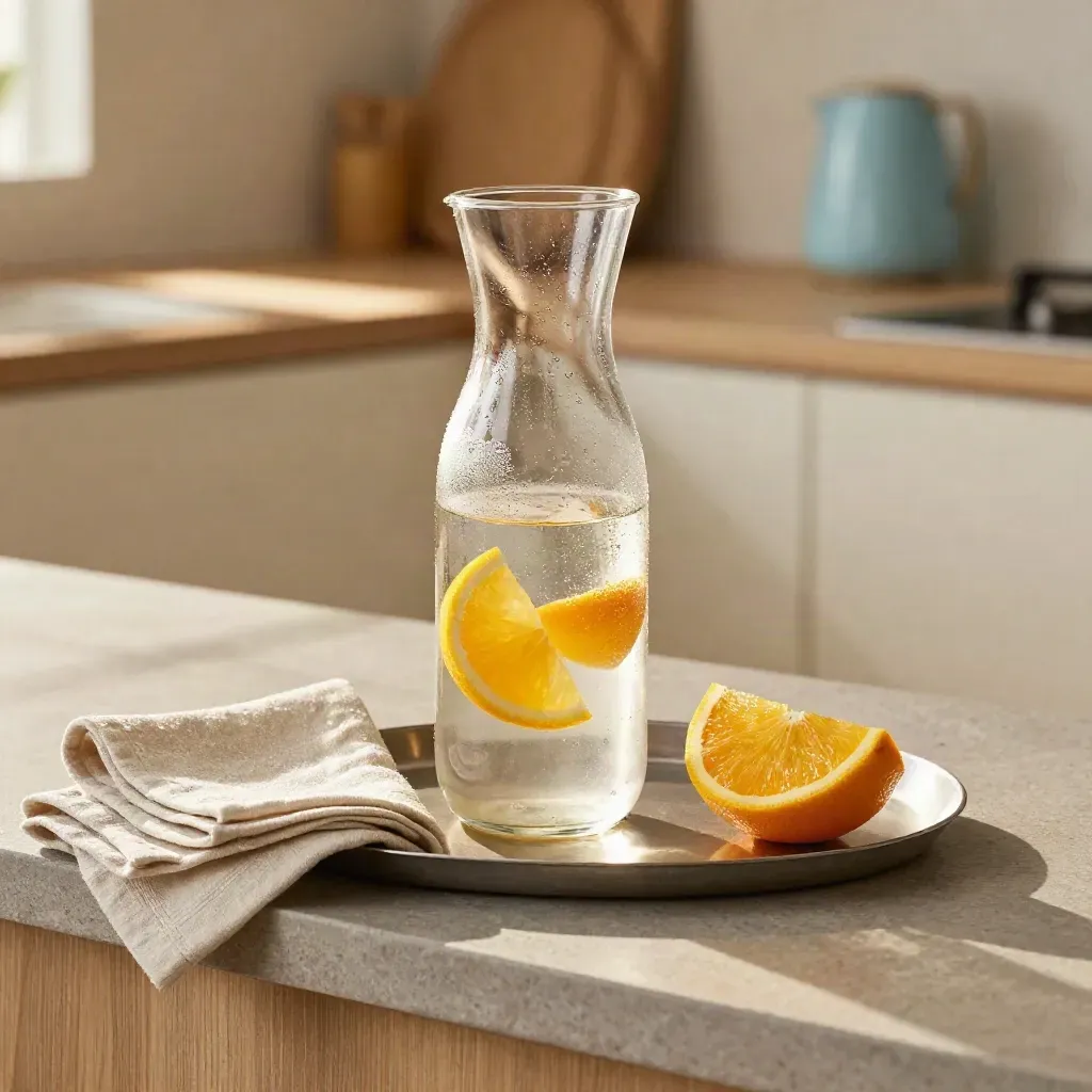 Caraffa d’acqua appannata con agrumi e panno umido su vassoio al sole.