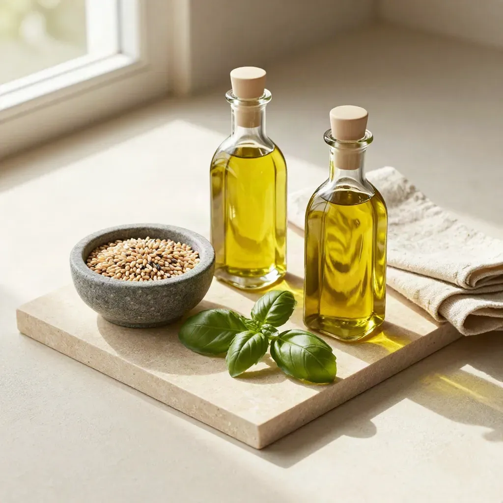 Oliere in vetro opaco, cereali, basilico e tovagliolo di lino su vassoio di pietra.