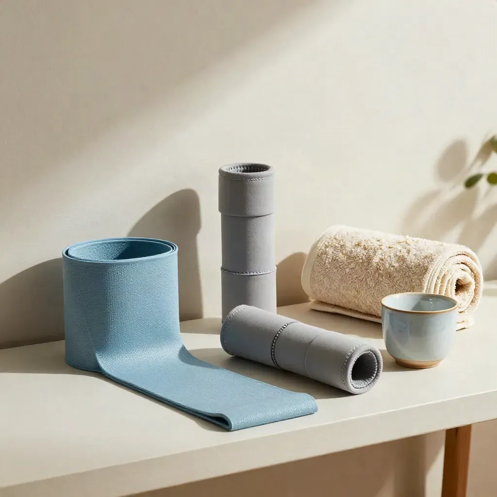 Fascia elastica, pesi caviglia, asciugamano e tazza su banco chiaro, luce morbida.