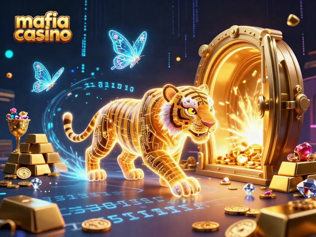 Experience the thrilling atmosphere of a mafia casino in a digital landscape filled with gems and gold.