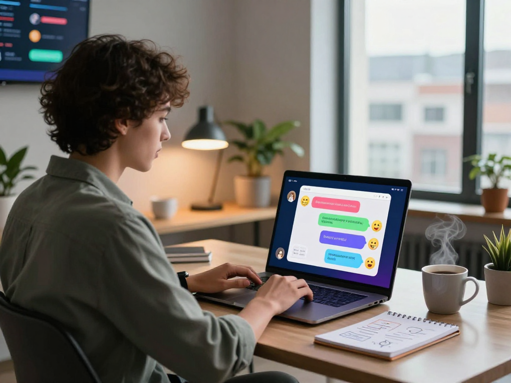 Engaging spicy AI chat interaction on a vibrant laptop with analytics background.