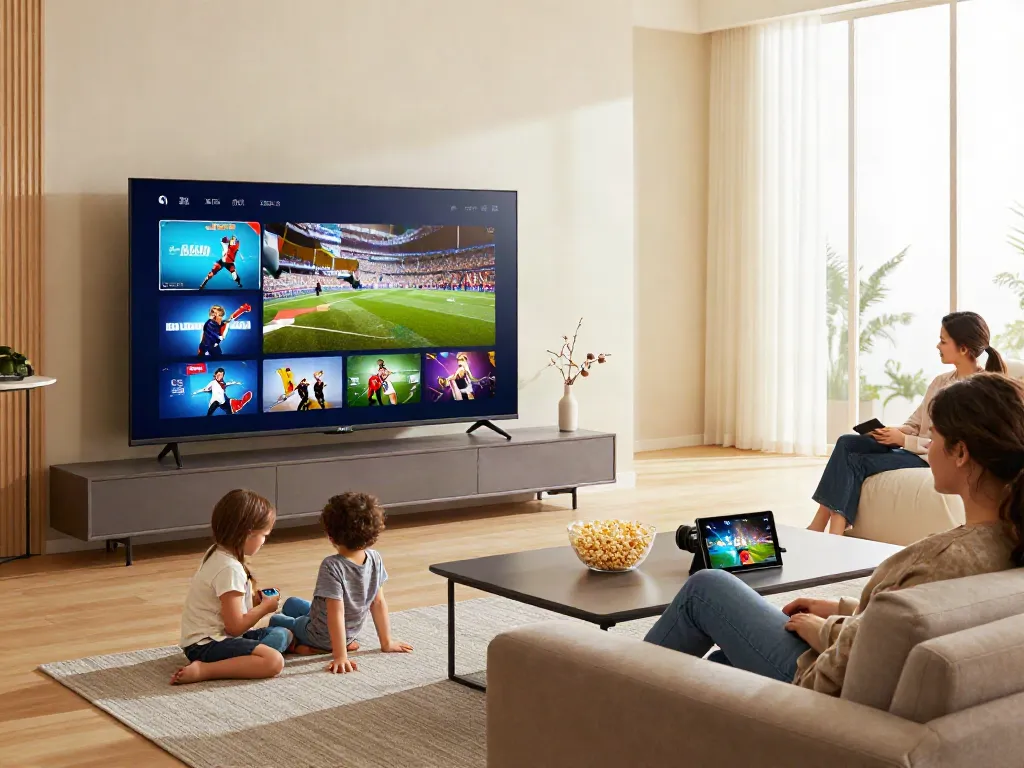 Engaging family scene testing IPTV on a smart TV with sports and movies.