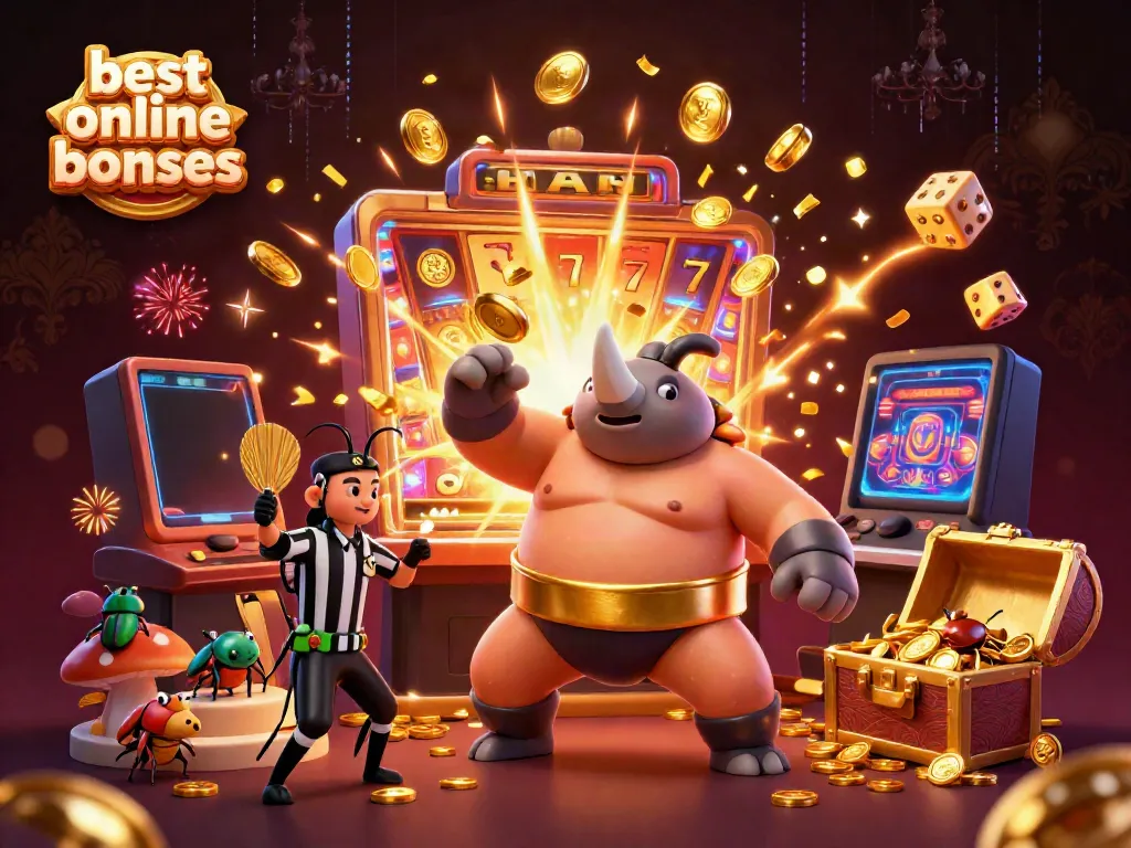 Exciting scene showcasing the best online casino bonuses with a sumo beetle champion and slot symbols.