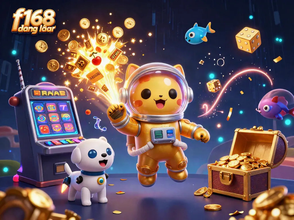 Engaging f168 đăng nhập illustration showcasing a vibrant and immersive online casino experience with a cartoon astronaut cat and robot dog amidst a jackpot explosion.