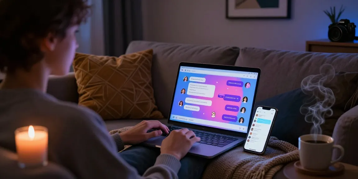 Engaging in sex chat AI on a cozy couch, illuminated by soft lighting and decorative elements.
