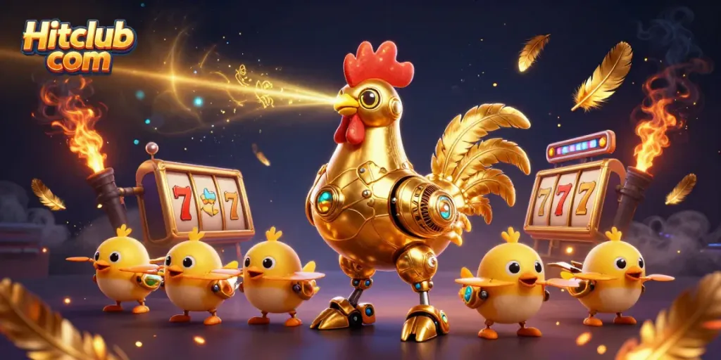 Experience the excitement of Hitclub com with vibrant gaming elements, featuring a dynamic golden rooster robot.