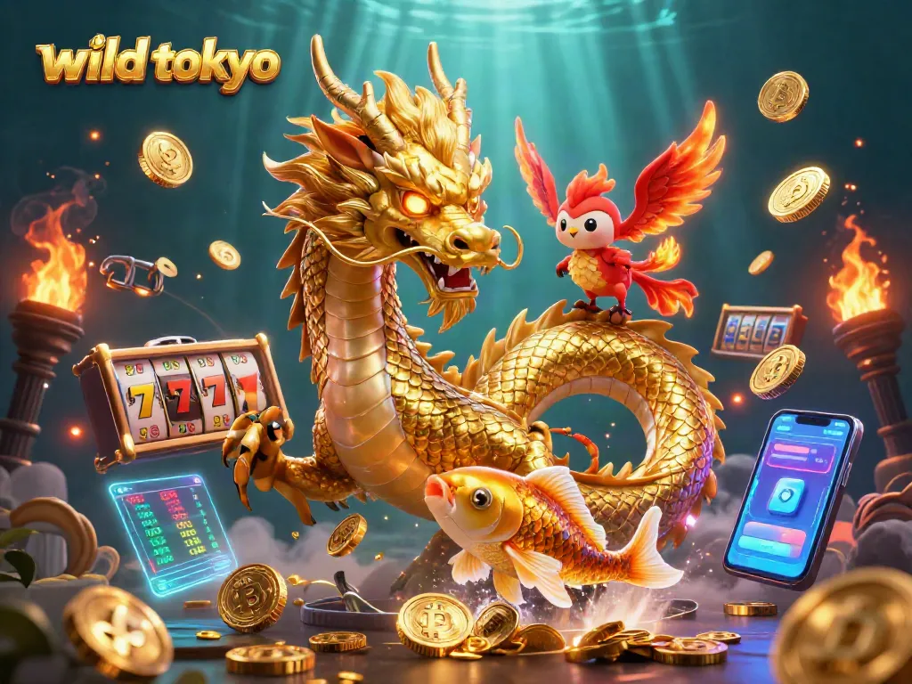 Experience vibrant action with wild tokyo casino games, featuring dragon and phoenix amidst luck-filled symbols.