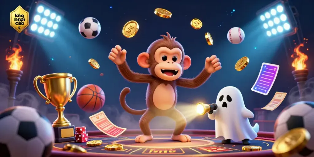 Engage with kèo nhà cái 5 as a playful poltergeist monkey juggles golden betting elements in a lively haunted casino scene.